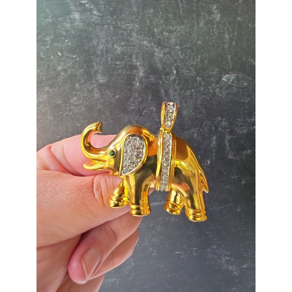 Elephant Shaped Gold Tone Metal Rhinestone Pendant Vintage Costume Jewelry